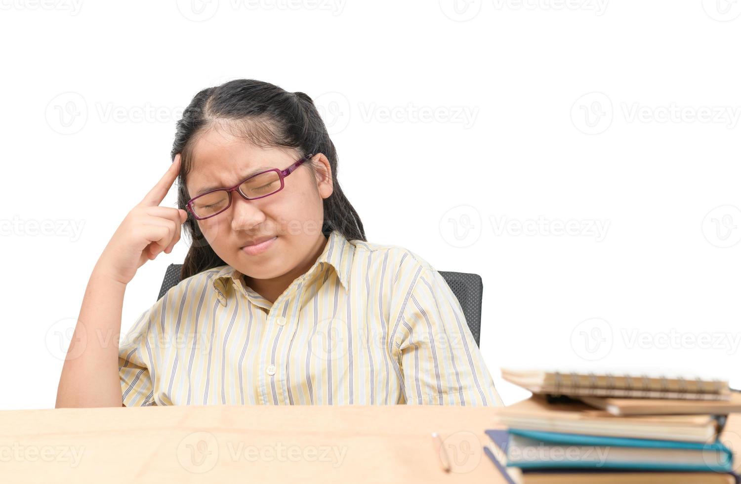 Girl students had a huge headache after finishing their online classes isolated photo