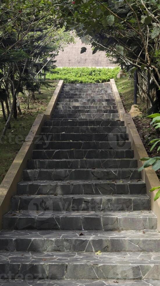 al aire libre escalera paso con natural Roca con algunos árbol a el lado. foto