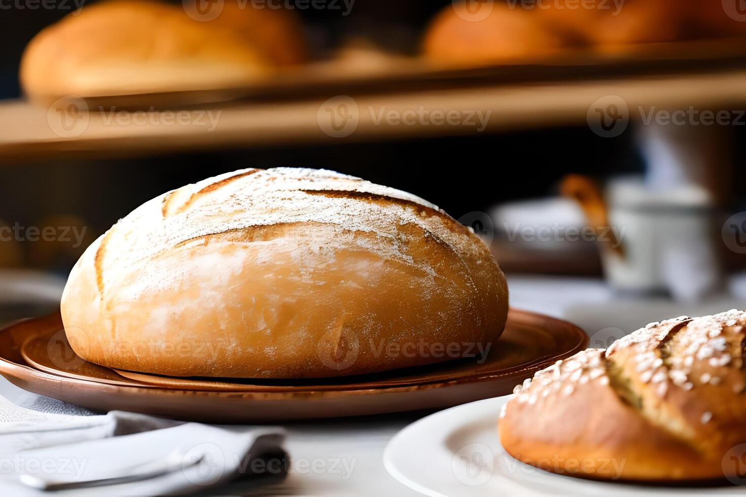 Some Sourdough bread at the served at the table. photo