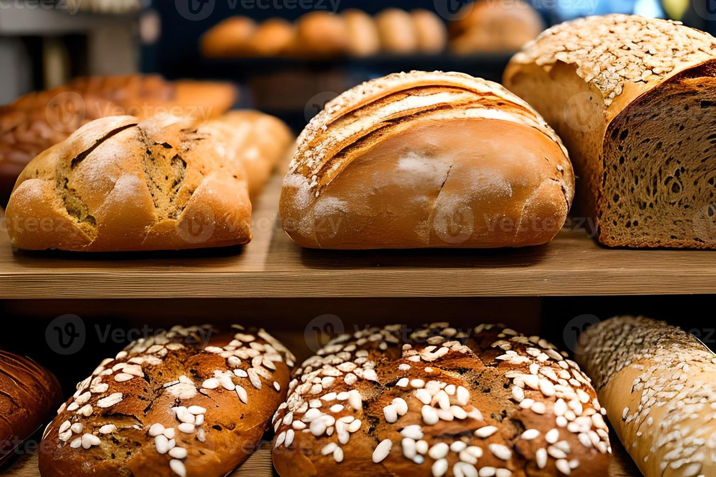 Various bread selling at the display bakery shop shelf. photo