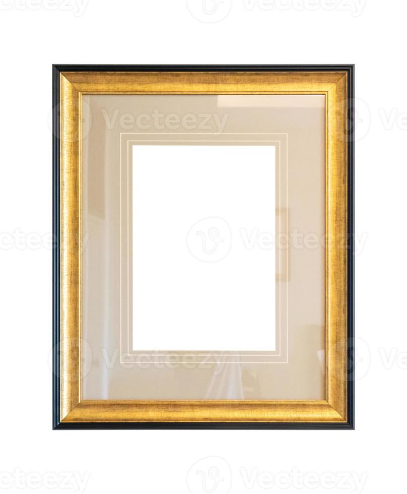 Blank golden vintage wood picture photo frame isolated on white background