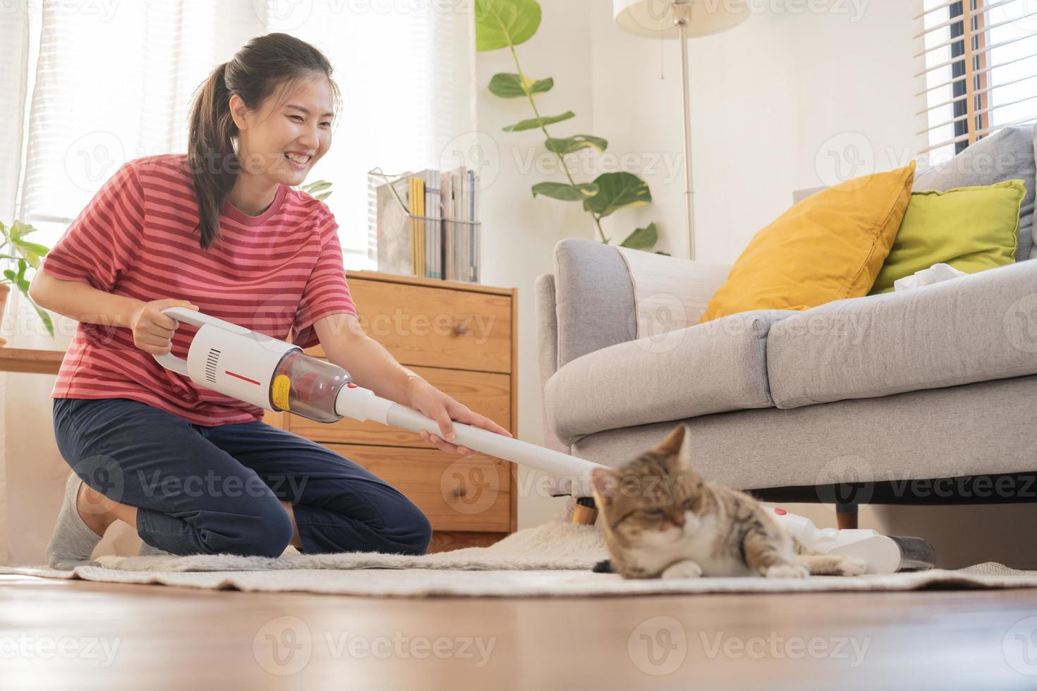 contento asiático joven ama de casa mujer utilizando vacío limpieza, limpiador a eliminar polvo, pelo o piel en piso en vivo habitación mientras linda gato acostado en alfombra. rutina tareas del hogar, faena en casa de mucama. foto