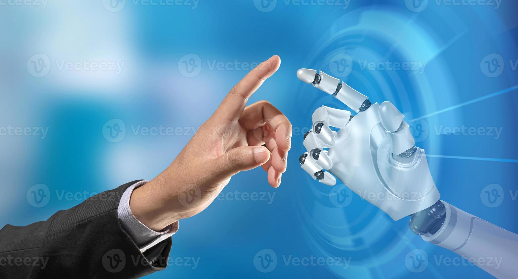 Artificial intelligence conceptual technology concept, Hands of robot and human touching and connection future interface. photo