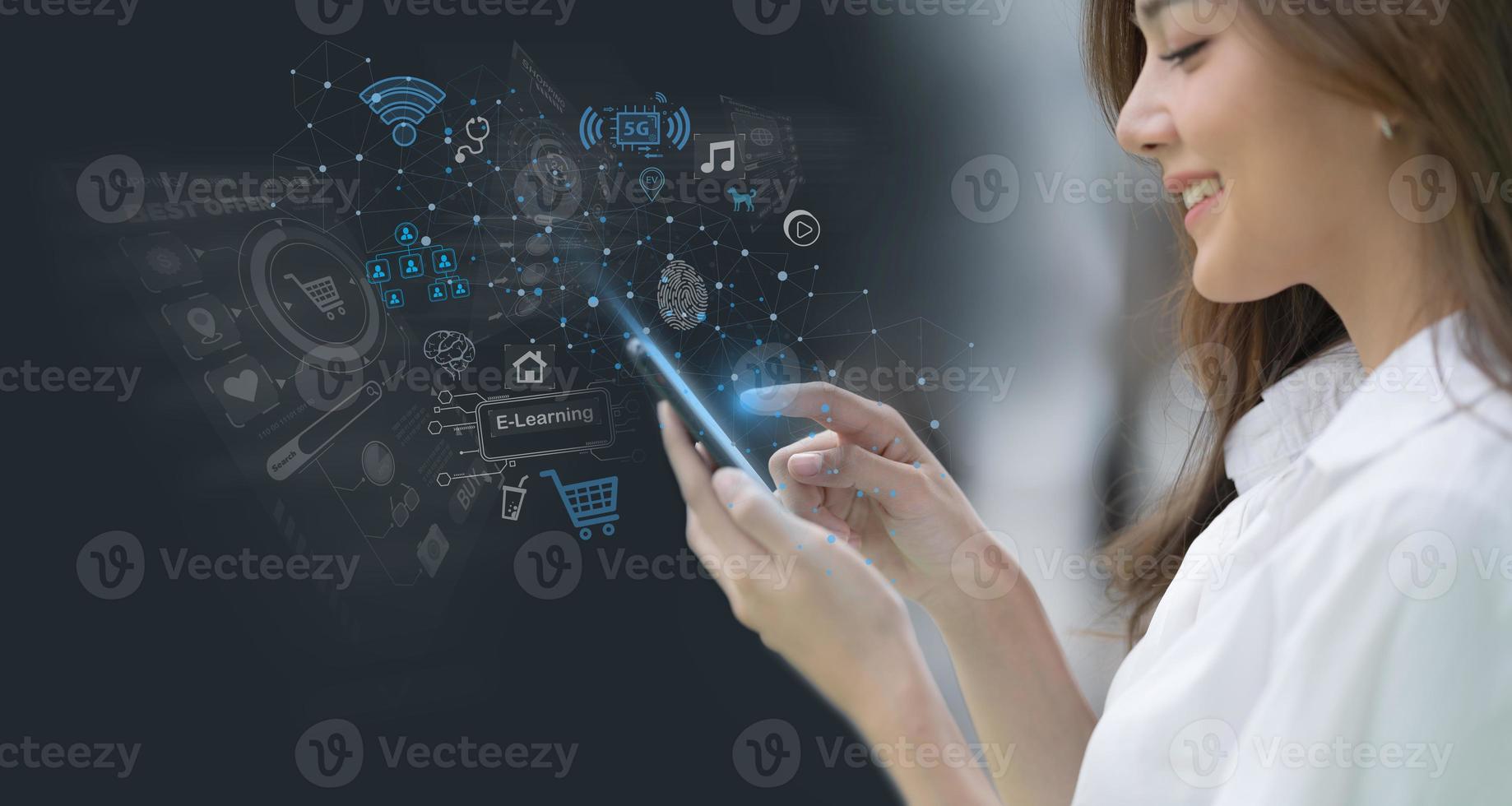 Woman using mobile smart phone with global network connection concept photo