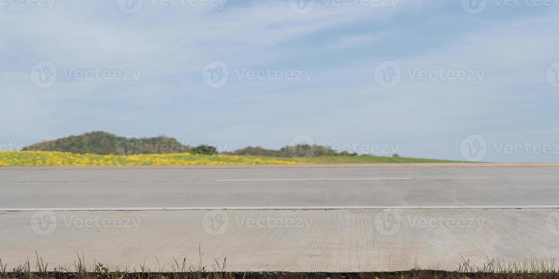 lado ver de vacío la carretera y campo montañas en antecedentes y borde del camino flores foto