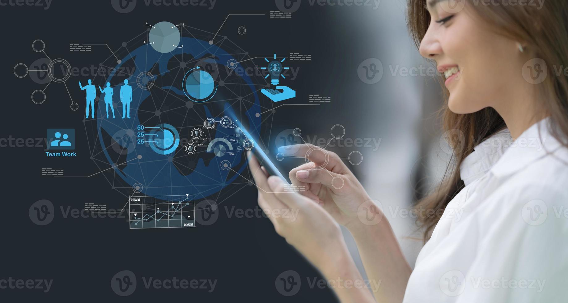 Woman using mobile smart phone with global network connection concept photo