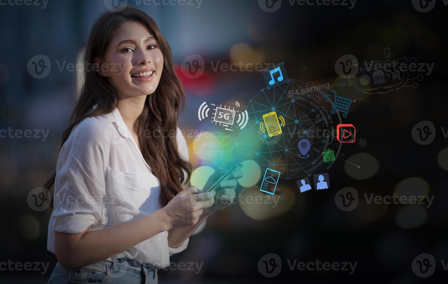Woman using mobile smart phone with global network connection concept photo