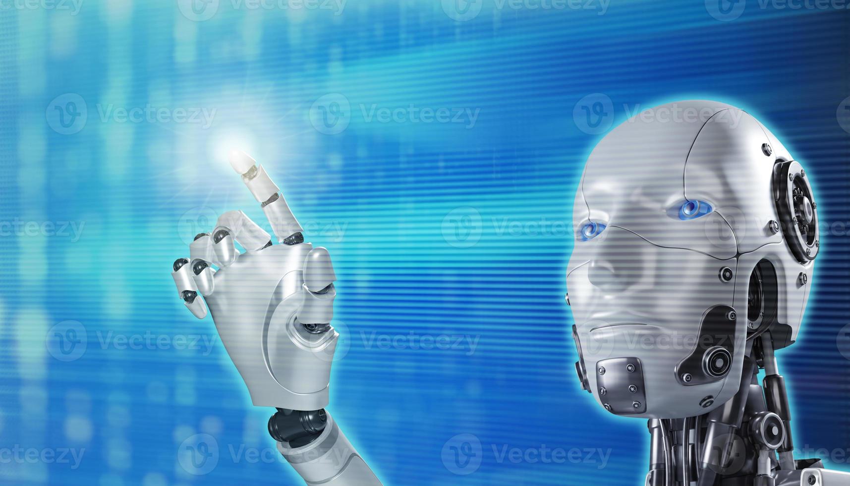 Hand of robot on blurred background touching computer digital screen photo