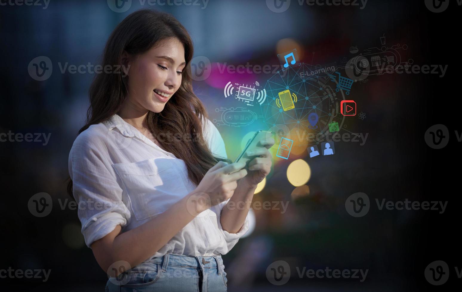 Woman using mobile smart phone with global network connection concept photo