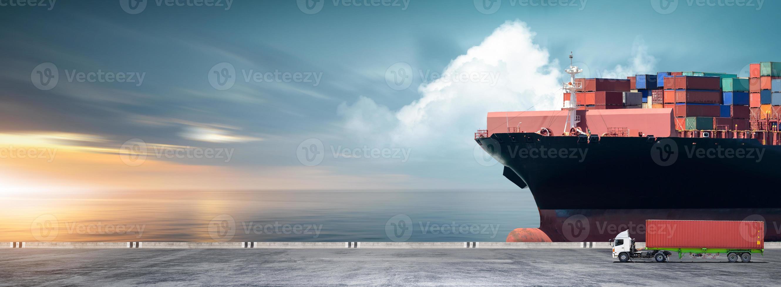 Containers cargo logistics import export transport concept, Big ship in the ocean and container truck at sunset dramatic sky background with copy space, Nautical vessel and sea freight shipping photo