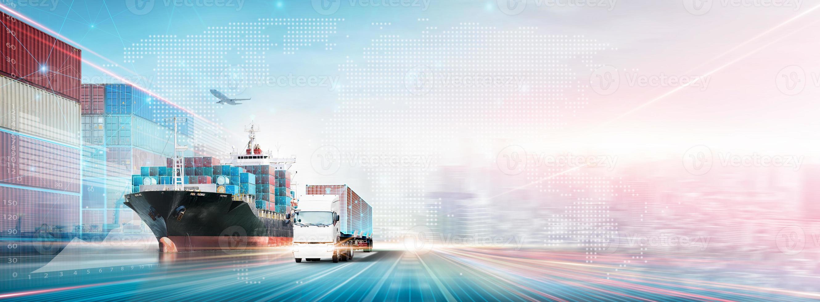 Technology Digital Future of Cargo Containers Logistics Transport Concept, Double Exposure Polygon Wireframe of Container Freight Ship, Truck, Modern futuristic Import Export Transportation Background photo