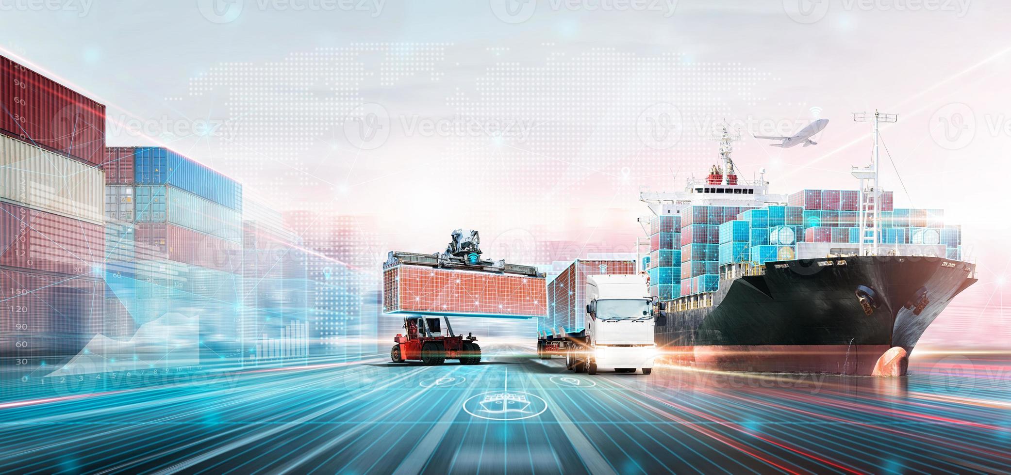 Smart Logistics Digital Marketing Technology Concept, Double Exposure Polygon Wireframe of Container Cargo Freight Ship, Plane, Truck, Growth Graph, Modern Future Import Export Transport Background photo