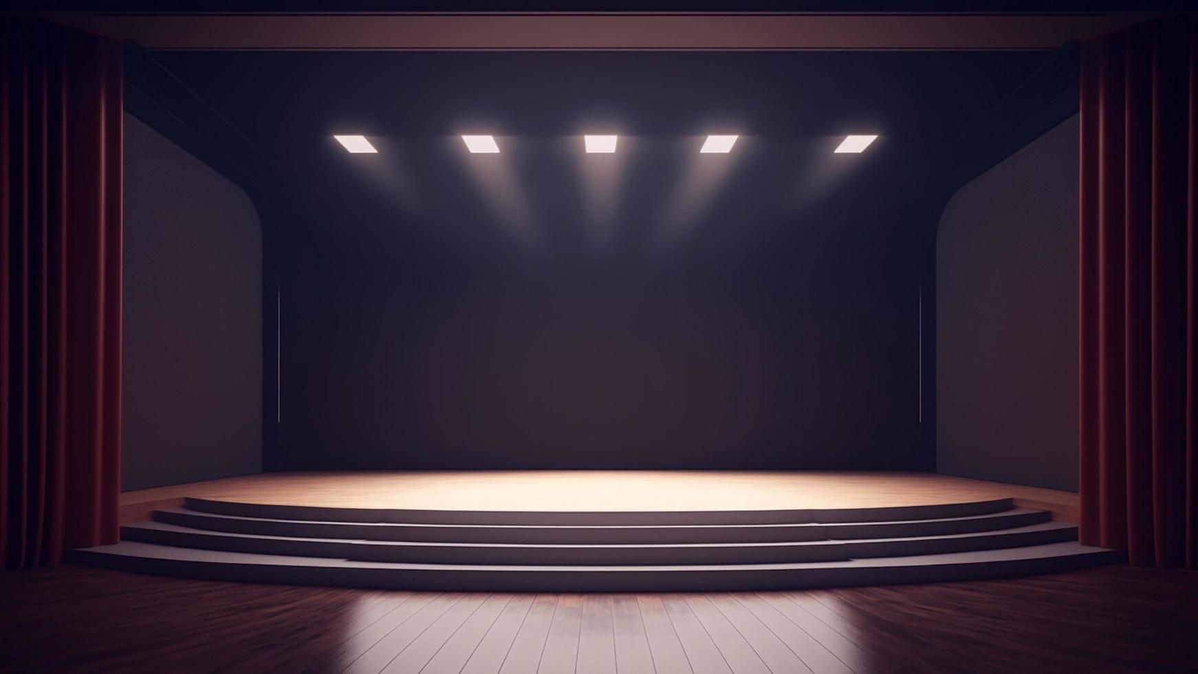 vacío etapa de el teatro sencillo minimalista con frente ver y Copiar espacio, iluminado por focos y fumar antes de el actuación foto