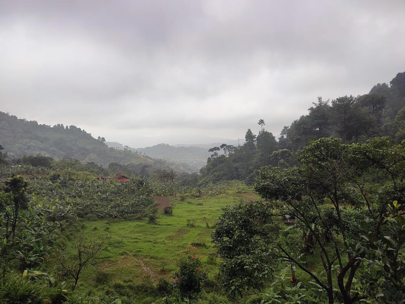 Mountain landscape photo with farmer fields.