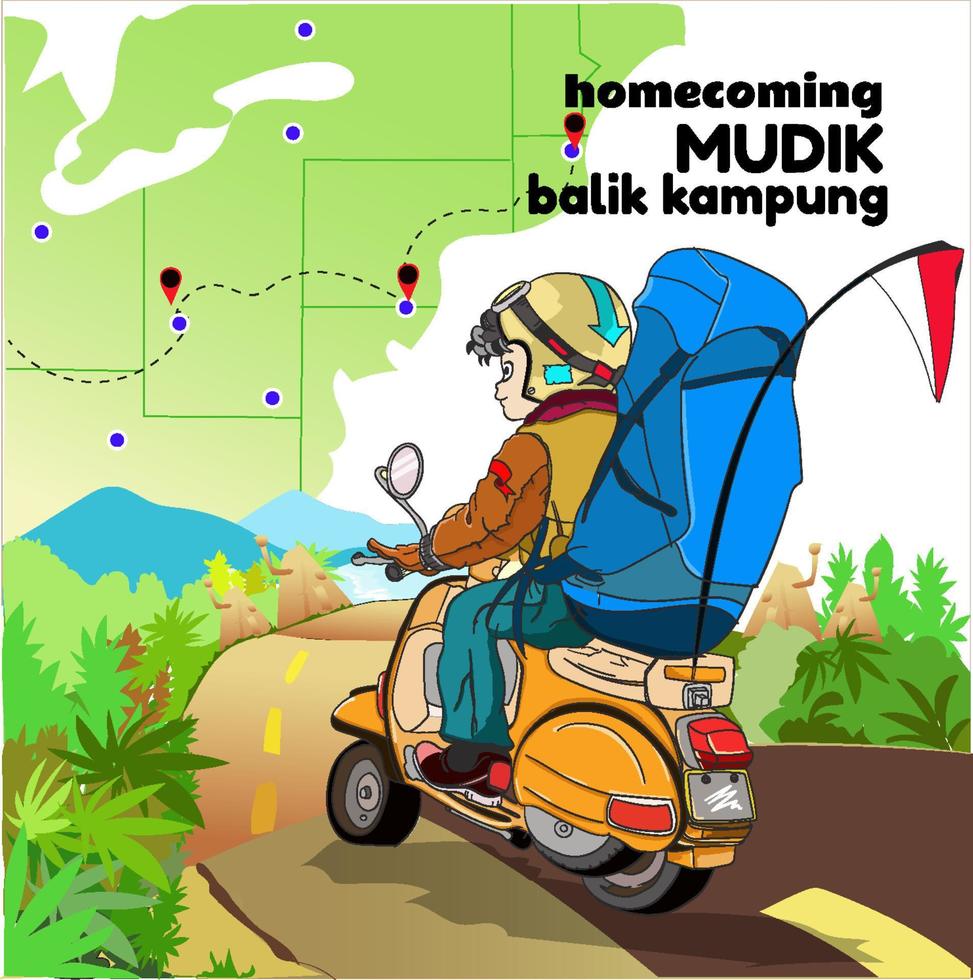 Mudik or balik kampung, is an Indonesian and Malay term for the activity where migrant workers return to their hometowns on Lebaran  In this illustration a couple rides a motorbike to their hometown vector