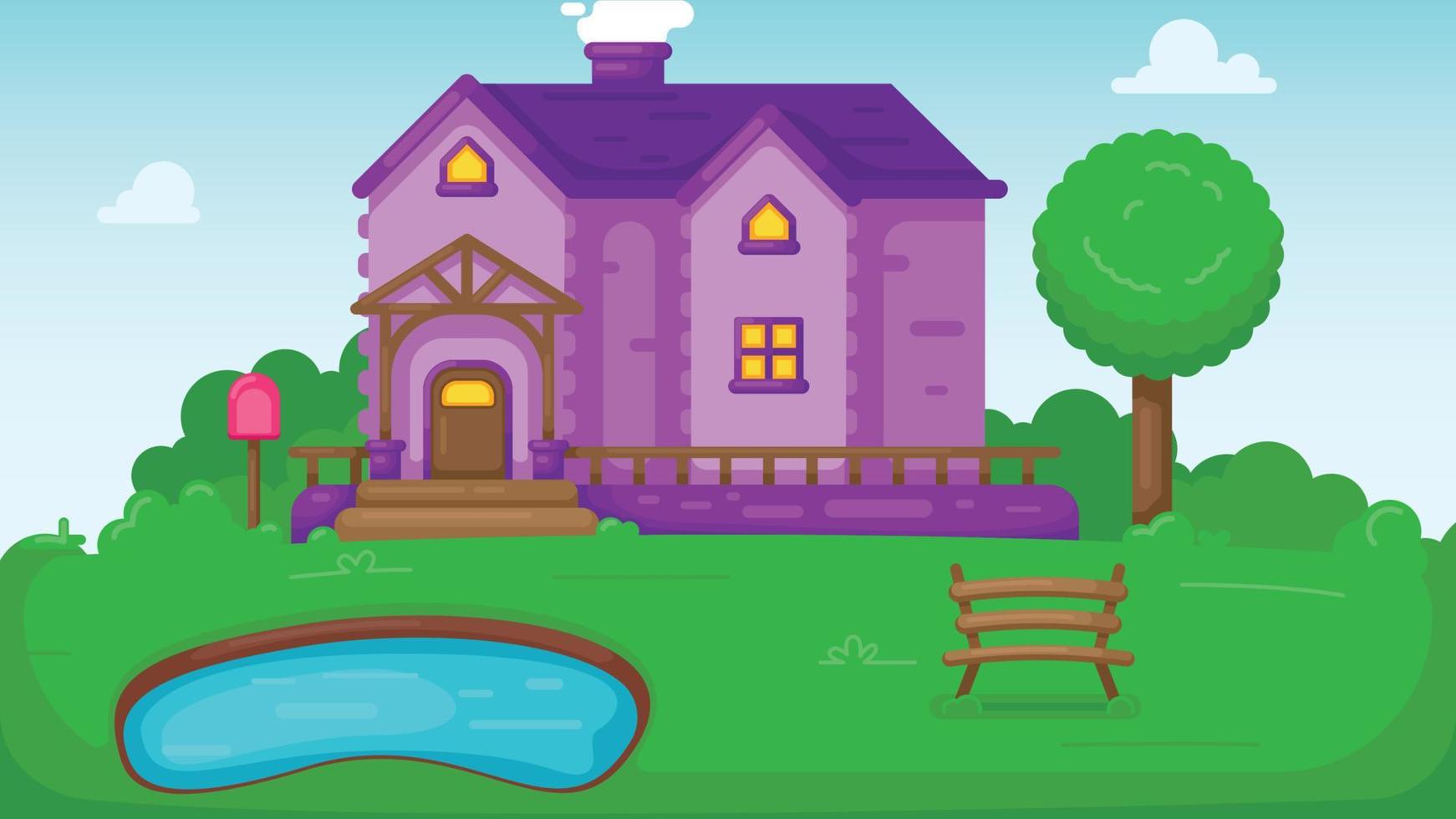 Single house with letterbox and chimney on roof. In front of house is small pond and bench. flat style countryside cottage. vector illustration