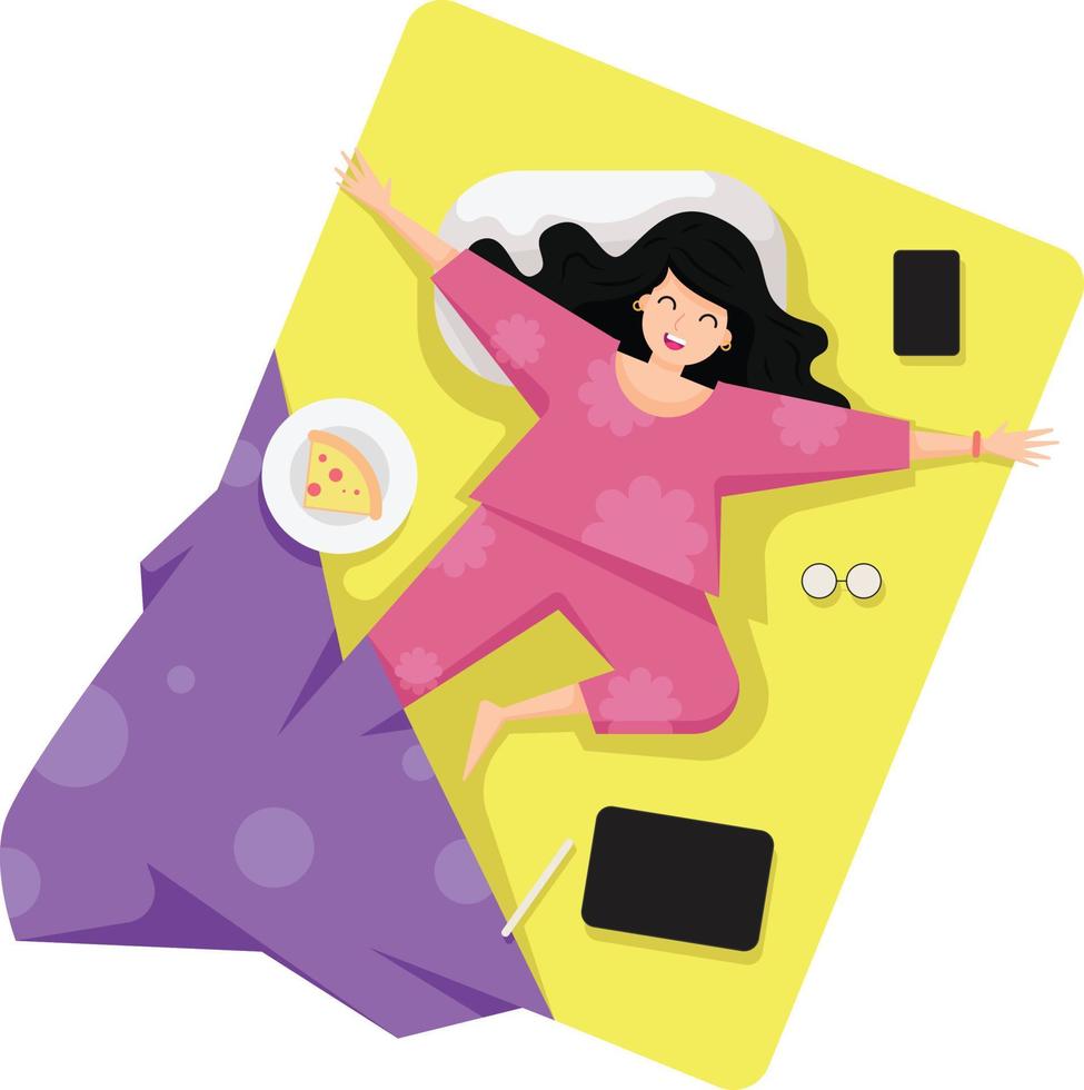 Joyful young woman lying on bed with pizza, mobile phone and glasses. Concept of happy sleeping, bed time and morning wake up. top view, vector illustration