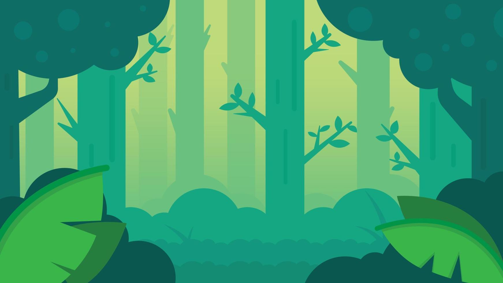 Deep forest scene with mist. This nature scene in the forest is full of big trees, mist and bushes. vector illustration