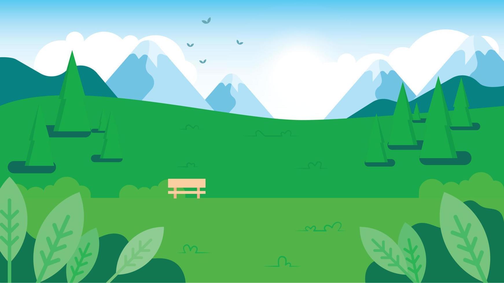 Grassland with mountains and sunny sky. Summer meadow landscape vector illustration.