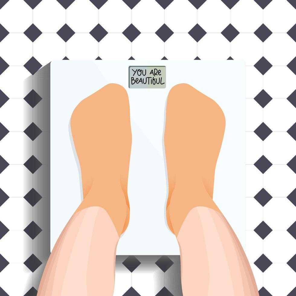 norexia, bulimia. The girl weighs herself. A woman is standing on the scales in the bathroom with a happy mood, top view of her legs. measurement and control of weight. vector