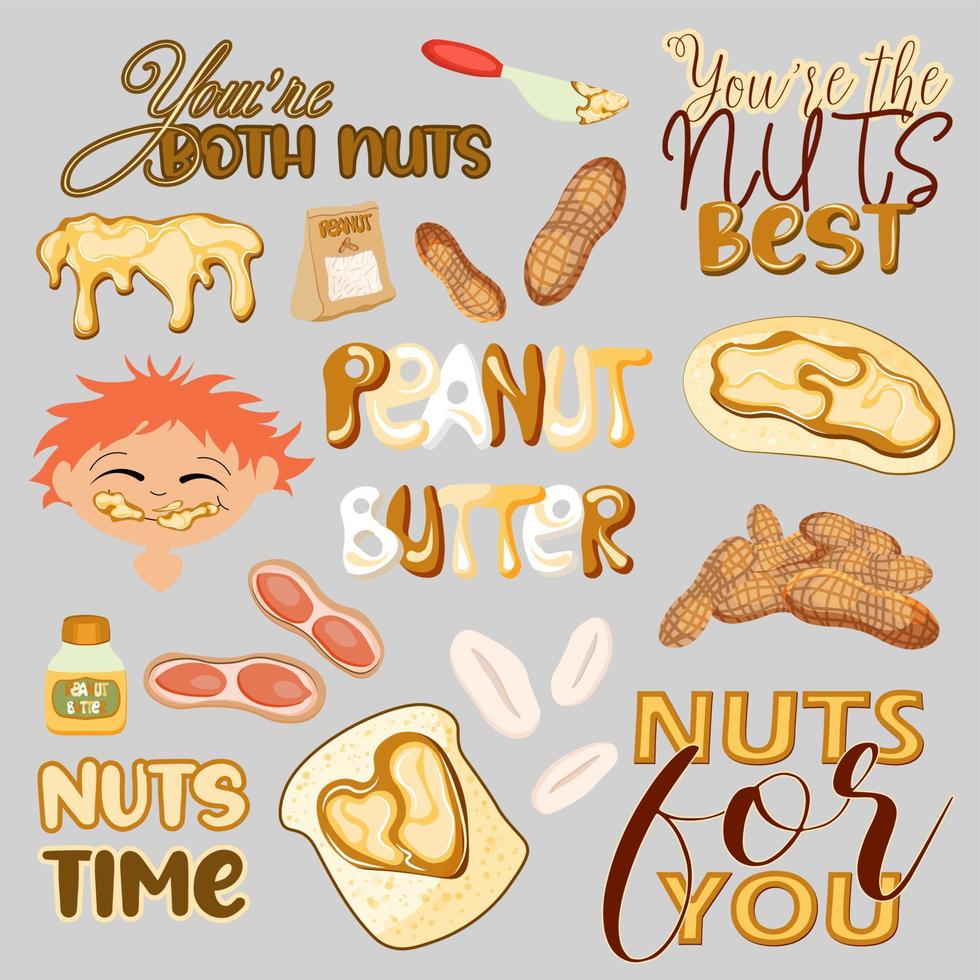 Set of peanut elements. Nuts, butter, peanut butter sandwich. Stickers.vector illustration vector
