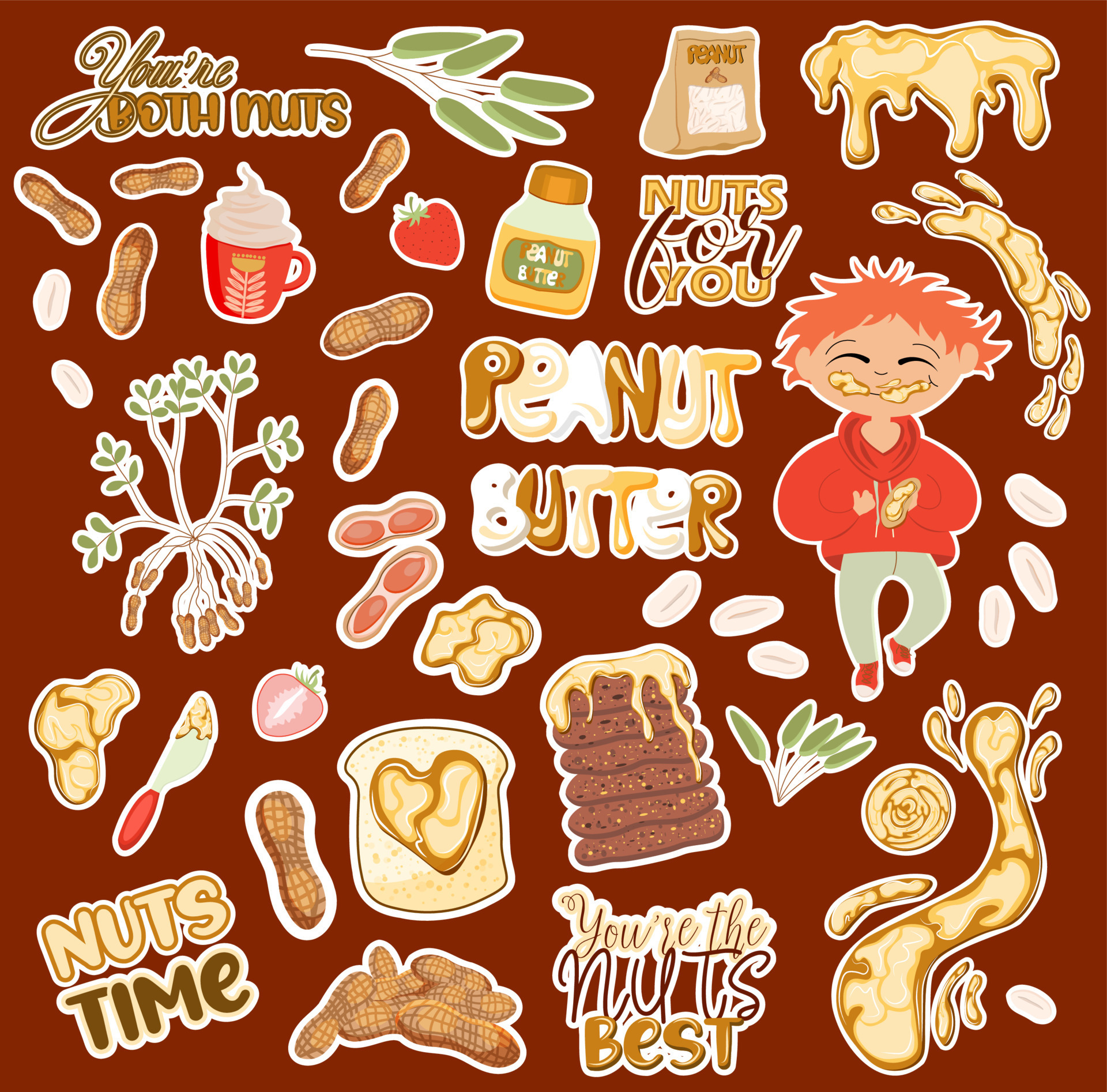 Collection of stickers with cute funny peanut butter.Cute cartoon