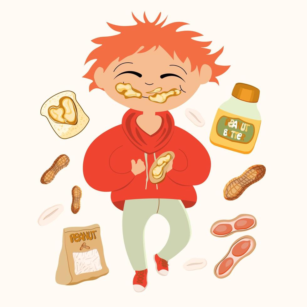 National Peanut Butter Day. Happy child eats a sandwich. Peanut elements vector