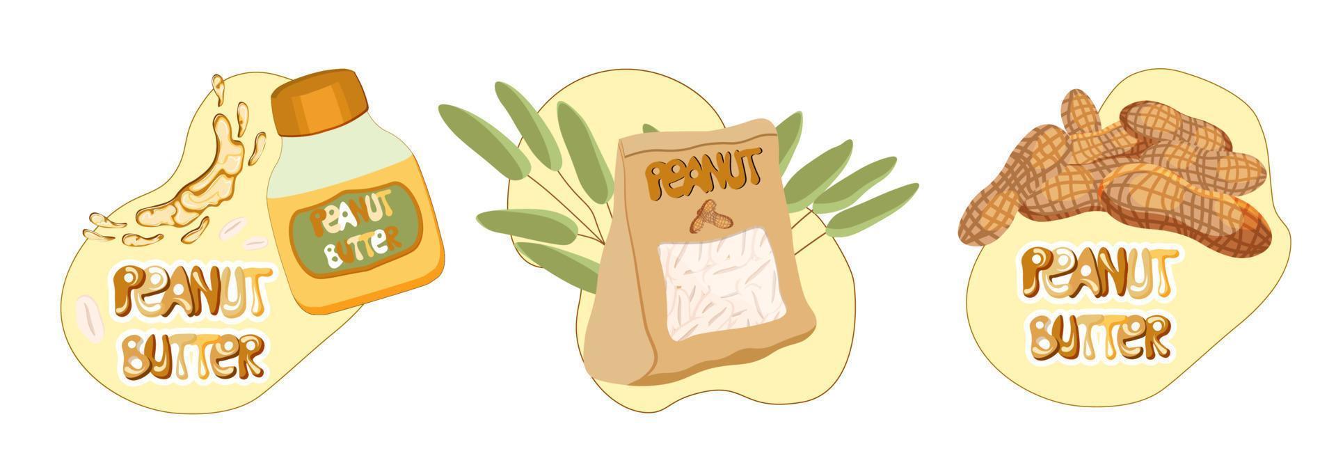 Set of peanut butter elements. Peanut nuts, jar of peanut butter. T-shirt print design vector