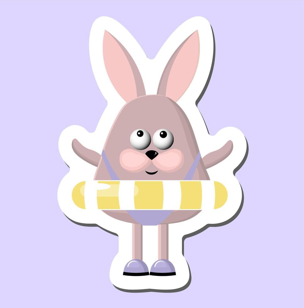 Cheerful funny rabbit on the beach. Bunny with a swim ring. spring sticker vector