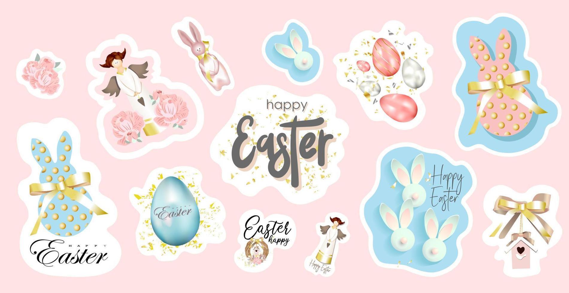 set of Easter stickers. easter sticker pack. Rabbits and bunnies, painted eggs and jesus crown of thorns. Religion stickers. christianity vector