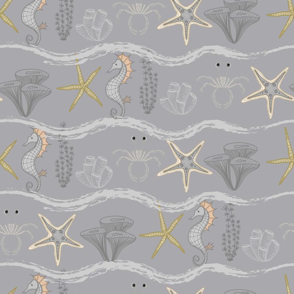 Seamless marine pattern in grey. Sea horse and shells in monochrome. Ocean and underwater life seamless vector