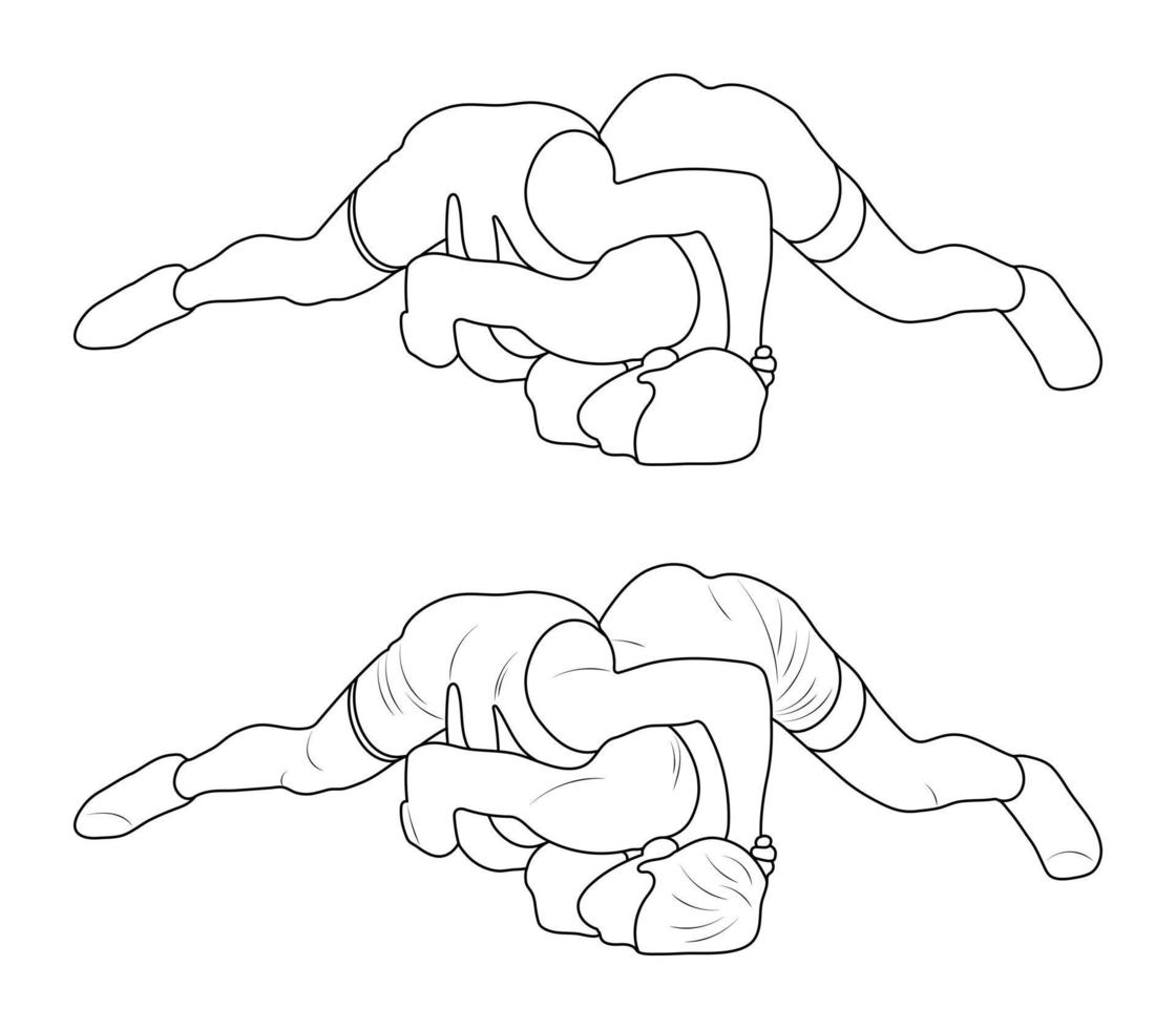 Silhouette outline athletes wrestlers in wrestling, duel, fight. Sketch line drawing greco roman, freestyle, classical wrestling. vector