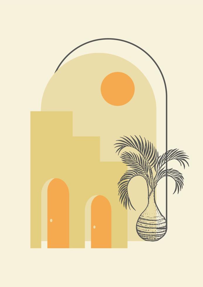 Minimalistic mediterranean architecture poster abstract art. Modern aesthetic illustration. Bohemian style artistic design for wall decoration vector