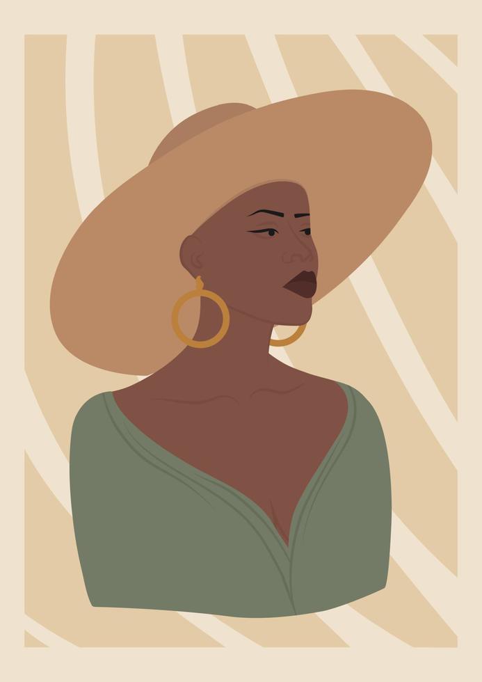 Young African American woman in yellow hat with a wide brim. Black girl on beach. Vector illustration for poster, postcard