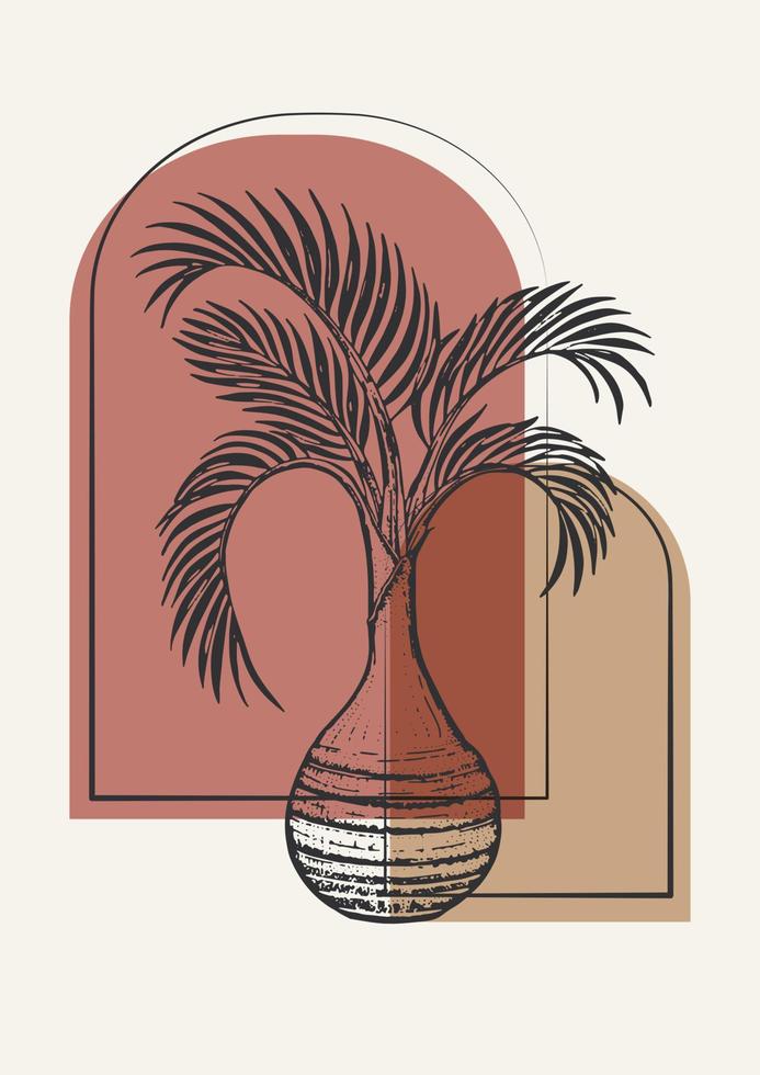 Palm leaf in jar and arches wall art illustration poster. Minimalist boho art print. vector