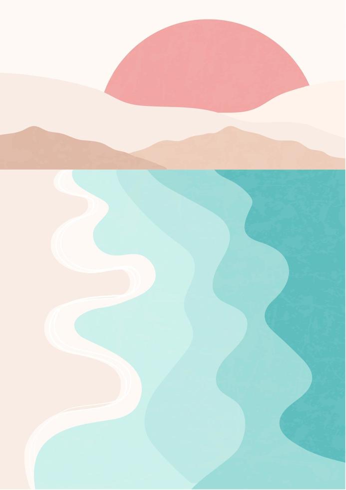Seaside and mountains landscape illustration poster. Minimalistic modern vector illustration.