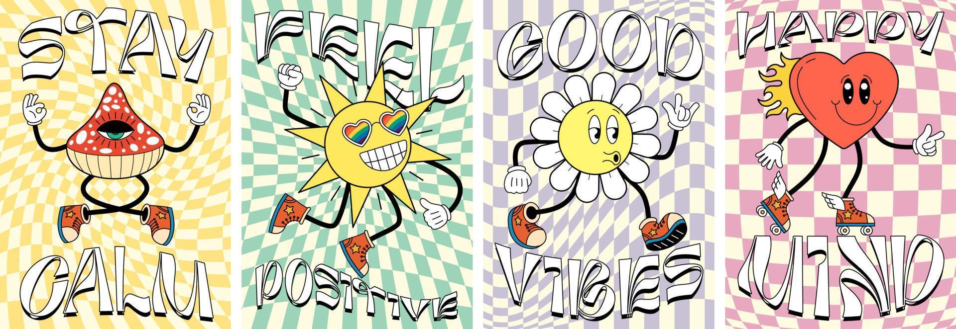 Retro groovy art poster set with characters. Fly agaric mushroom, happy sun, daisy flower and heart mascots on crazy vintage hippie banners. Trendy psychedelic y2k style abstract vector placard design