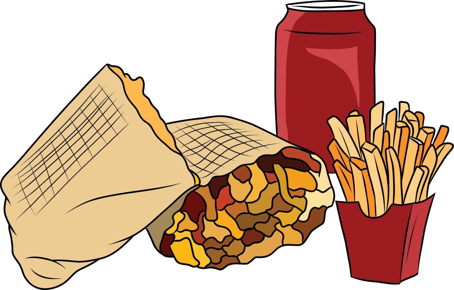 Hand Drawn Tacos with Fries and Soda Isolated vector
