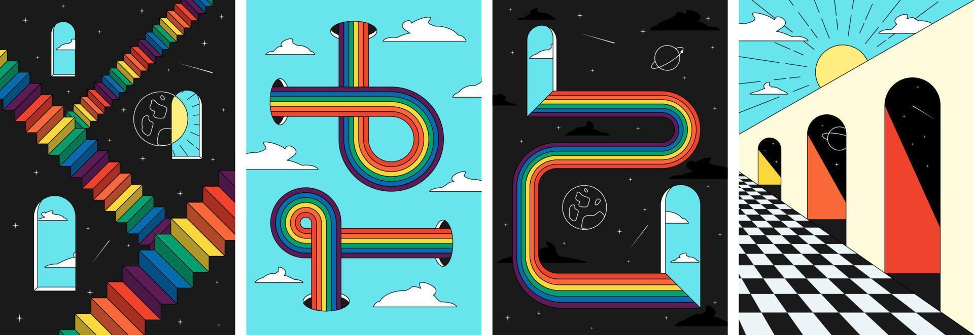 Retro groovy rainbow space stairs art poster set. Sun and moon in window surreal cosmic prints. Vintage boho universe abstract placards. Trendy y2k pop culture banners. Vector geometric eps wallpaper