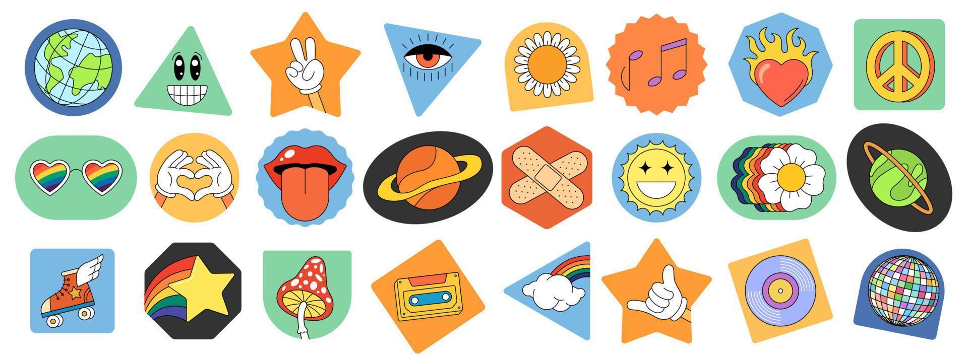 Retro groovy element set. Funny psychedelic hippie cartoon badge collection. Vintage hippy crazy various elements sticker pack. Abstract 60s, 70s trendy y2k pop culture style design. Isolated vector