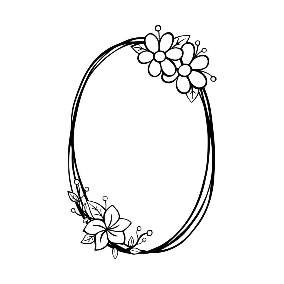 Black line Flowers on triple oval frame. Vector illustration for decorate logo, greeting cards and any design.