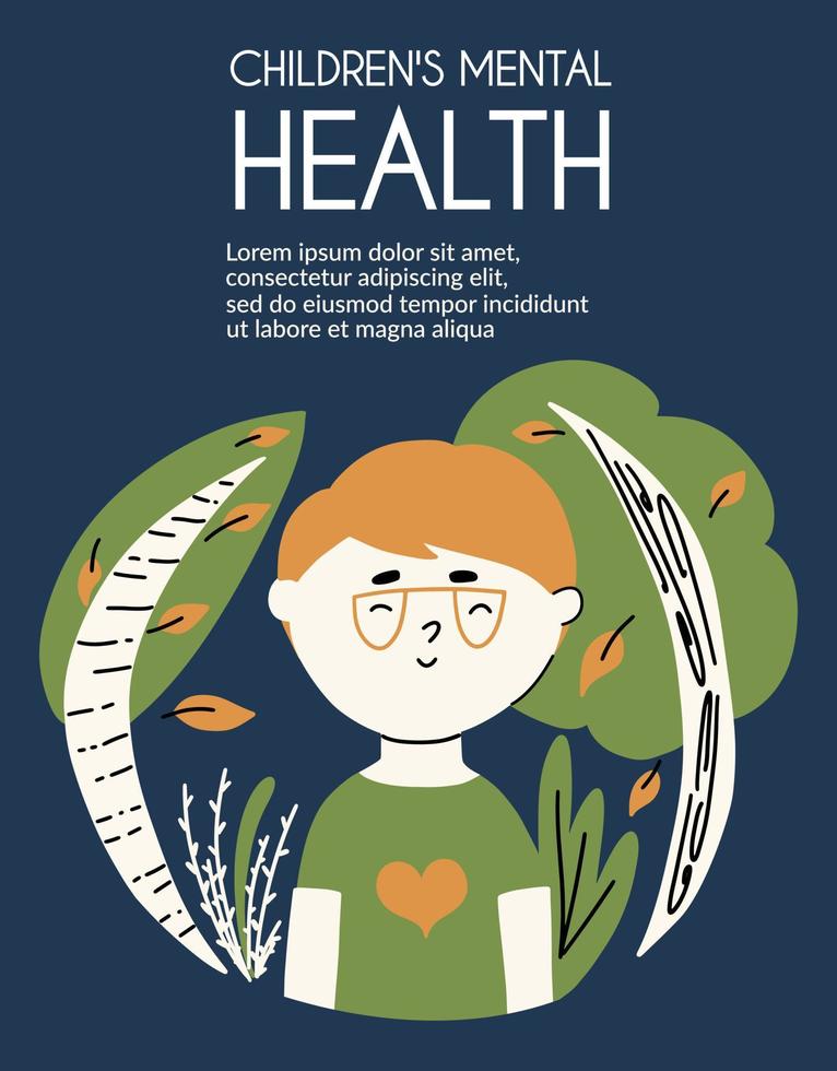 Flyer design with the concept of children's mental health. The child is happy in nature. Vector illustration, template
