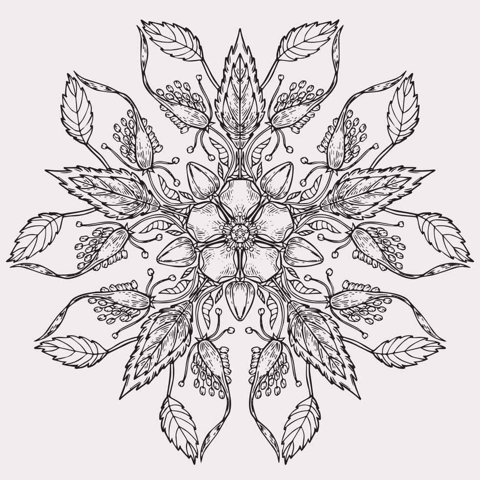 Circle spring and summer doodle ornament. Hand drawn mandala art with flowers and leaves black and white outline. vector