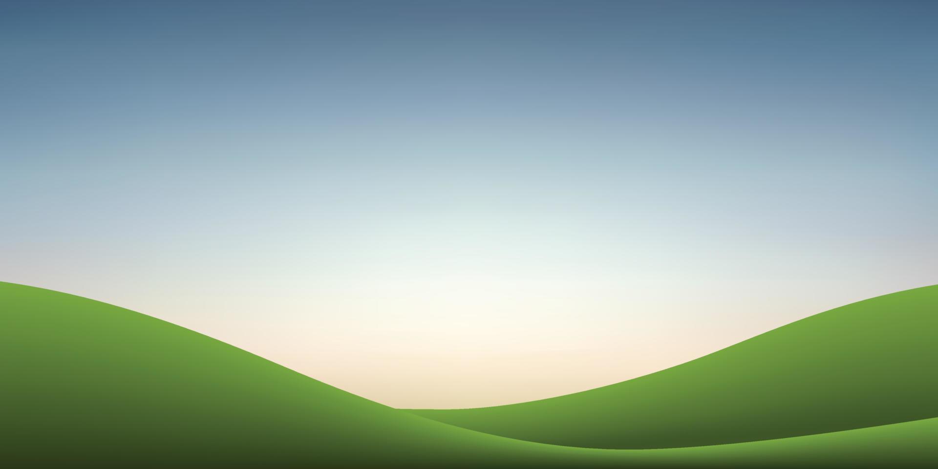 Green grass hill and sunset sky background. Outdoor natural background for template design. Vector. vector