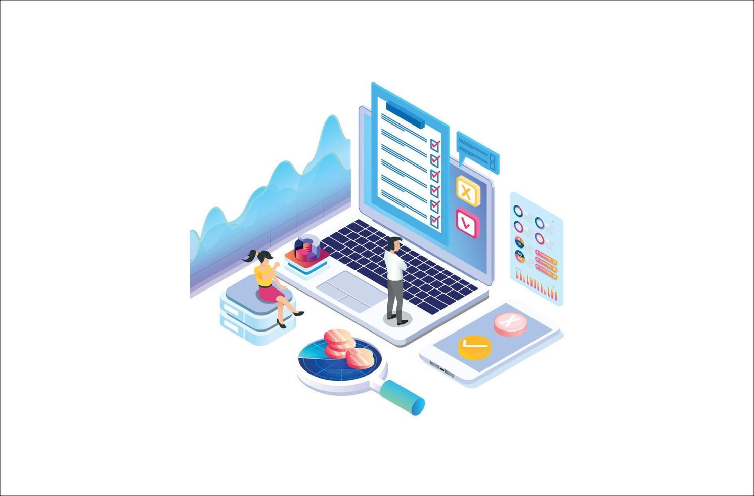 Modern Isometric Online survey concept with characters. illustration isolated on white background, Can use for web banner, infographics, . Suitable for Diagrams, Graphic Related Asset vector