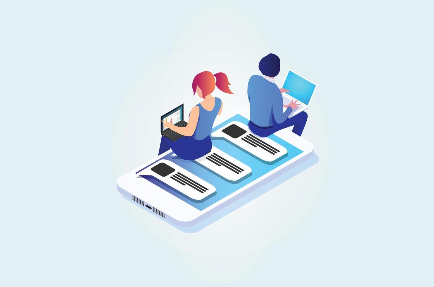 Isometric virtual relationships, online dating and social networking concept - teenagers chatting on the Internet. Vector 3d isometric illustration. Suitable for Diagram, Infographics And Other Asset