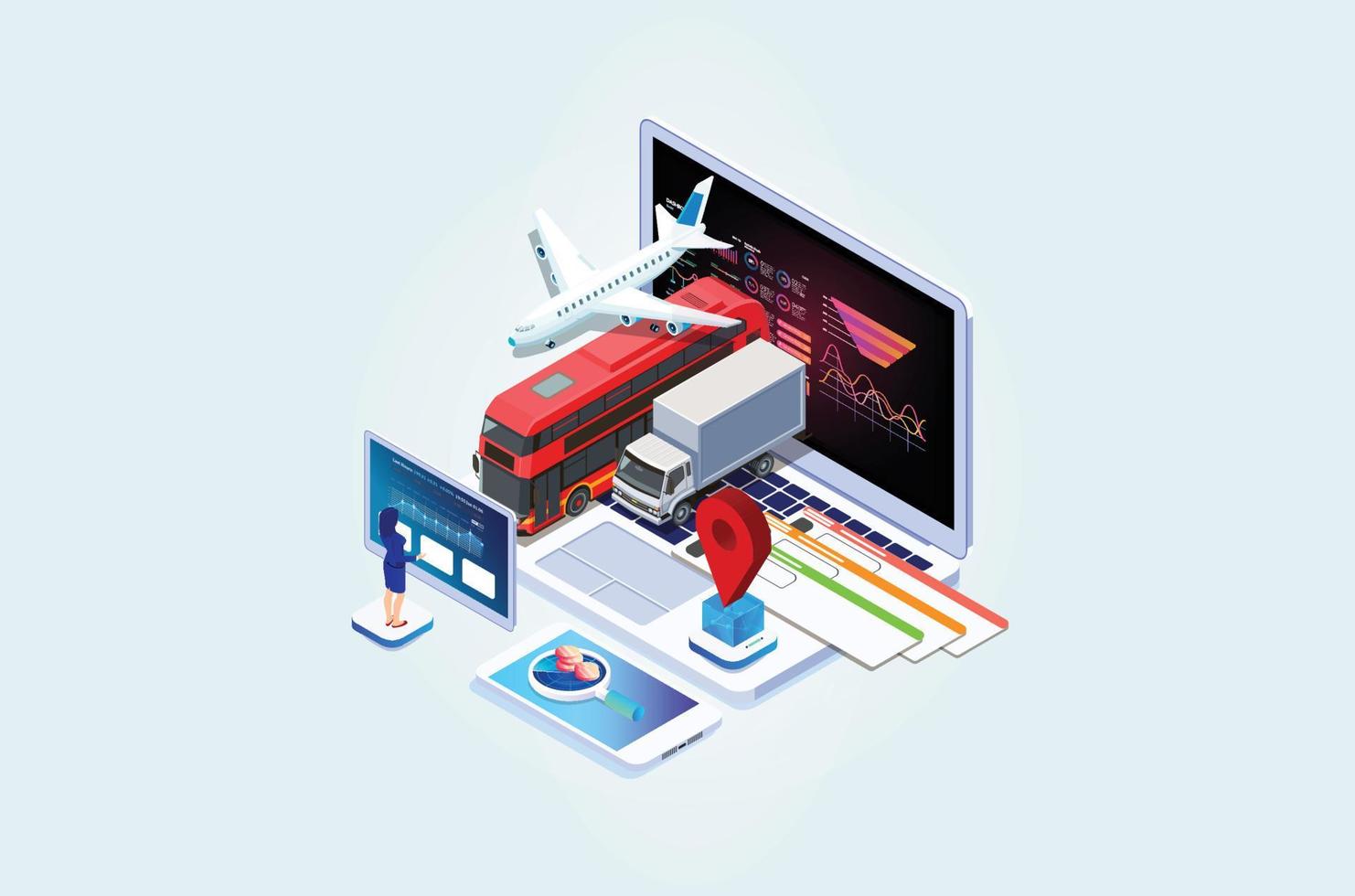 Modern Isometric Online purchase or booking of tickets for an airplane, bus or train. Travel around the world and countries. Recreation and entertainment. Business trip. Vector isometric illustration