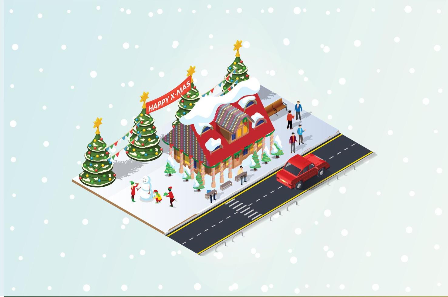 Isometric illustrationHappy people gather together and celebrate Christmas around the tree under the snow, Suitable for Diagrams, Infographics, Book Illustration, And Other Graphic Related Assets vector