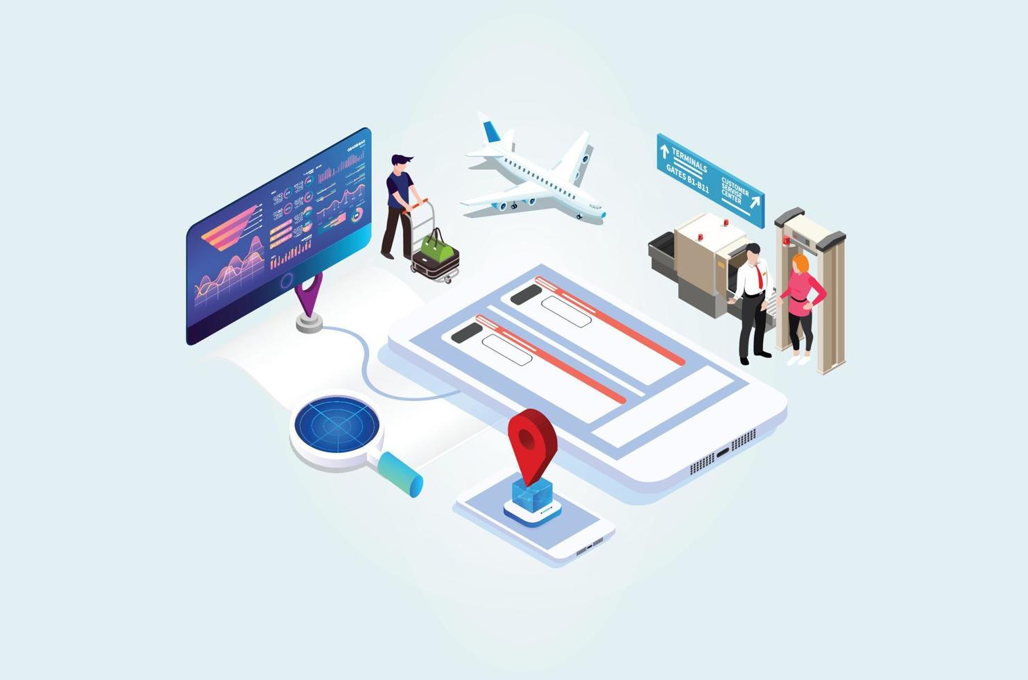 Modern Isometric Online purchase or booking of tickets for an airplane, Travel around the world and countries. Recreation and entertainment. Business trip. Vector isometric illustration