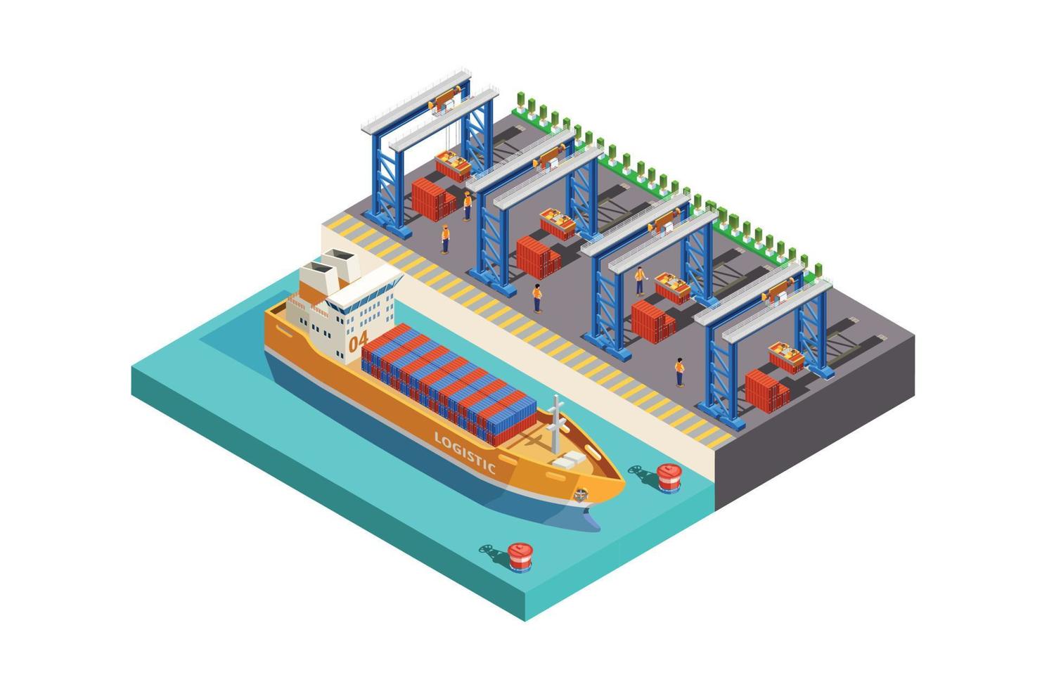 Modern Vector isometric or infographic element representing cargo port with cranes loading containers on the container ship, forklifts.  Suitable for Infographics,  And Other Graphic Related Assets